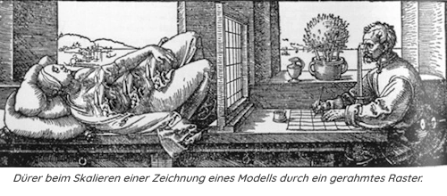 Künstler verwendet ein Raster, um korrekte Proportionen in einer Zeichnung zu erzielen